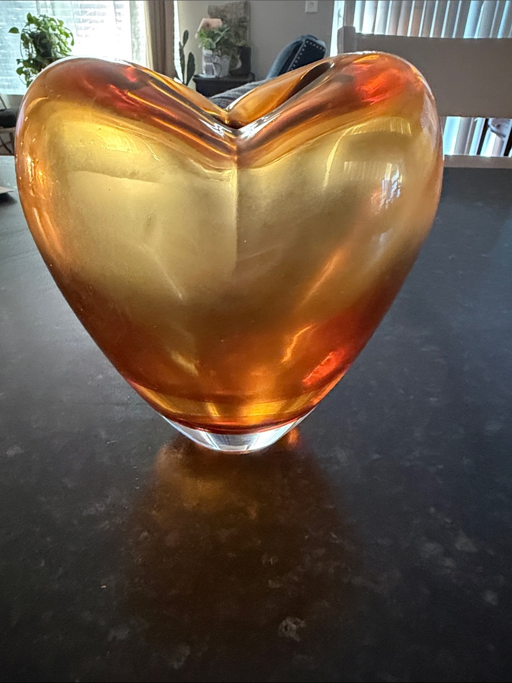 Vintage Mid-Century Style Amber Art Glass Heart-Shaped Vase Sculpture